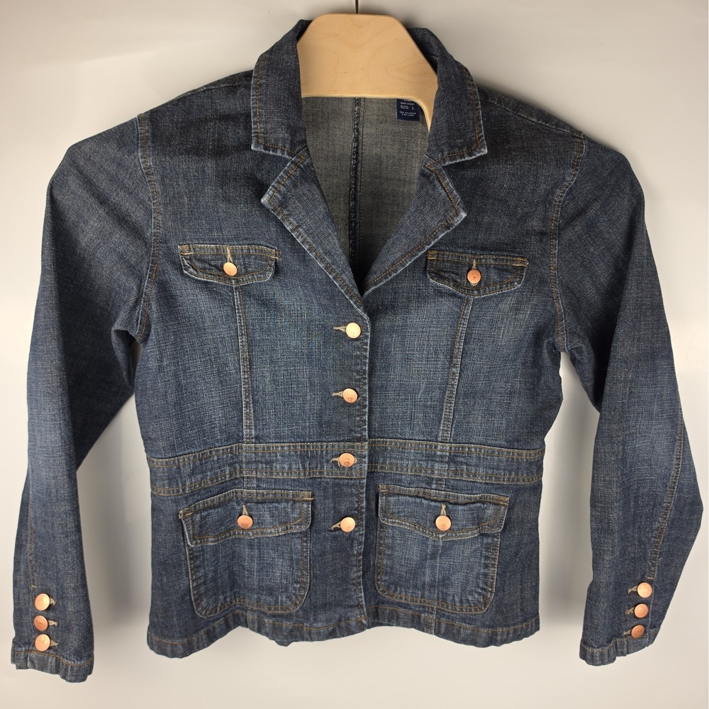 Bill Blass Jeans Womens Large Stretch Denim Jean Jacket Collared Button Front